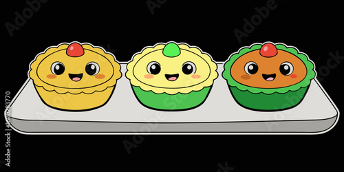 Little quiches cake, isolated, dessert, pastry, donut set against black background vector illustration.
