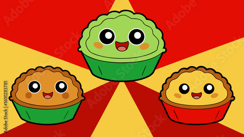 Little quiches cake, isolated, dessert, pastry, donut set against red yellow Background vector illustration.
