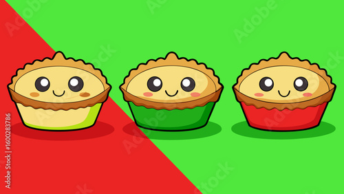 Little quiches cake, isolated, dessert, pastry, donut set against red green background vector illustration.
