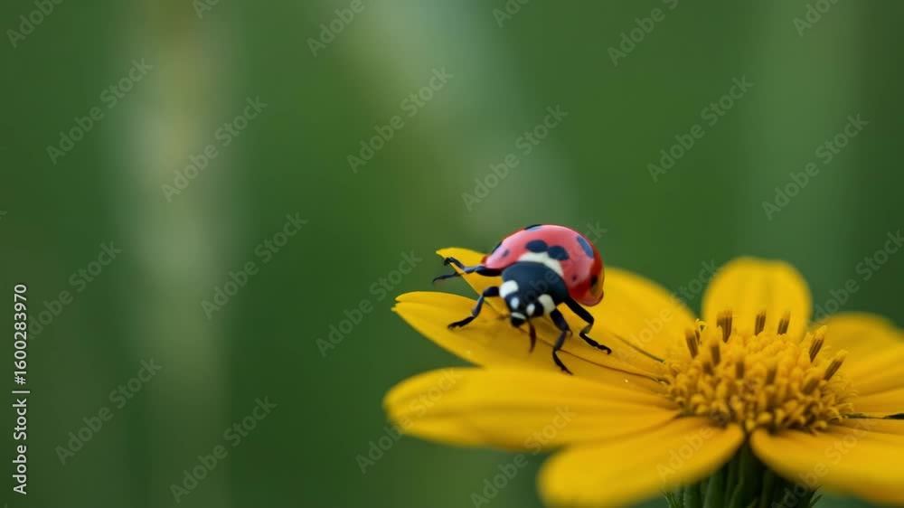 Ladybug crawling on yellow flower petal with green blurred background — vibrant macro photography capturing nature’s detail and contrast