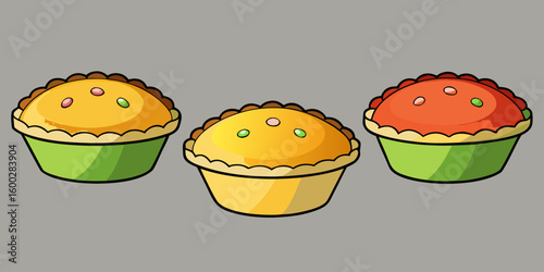 Little quiches cake, isolated, dessert, pastry, donut set against grey background vector illustration.
