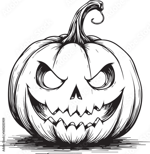Spooky Halloween Pumpkin: An intricate illustration of a grinning jack-o'-lantern, embodies the spirit of Halloween. With sharp eyes and a menacing grin, the pumpkin is a spooky symbol.