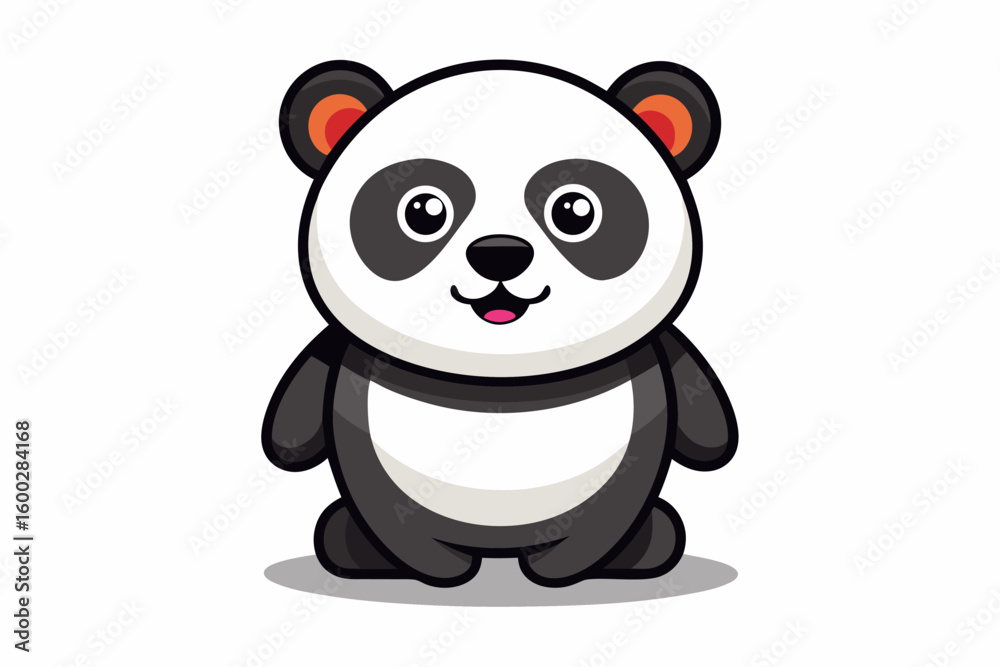 Naklejka premium Adorable cartoon illustration of a standing panda with big round eyes, blushing cheeks, and a happy smile, set against a soft pastel background.