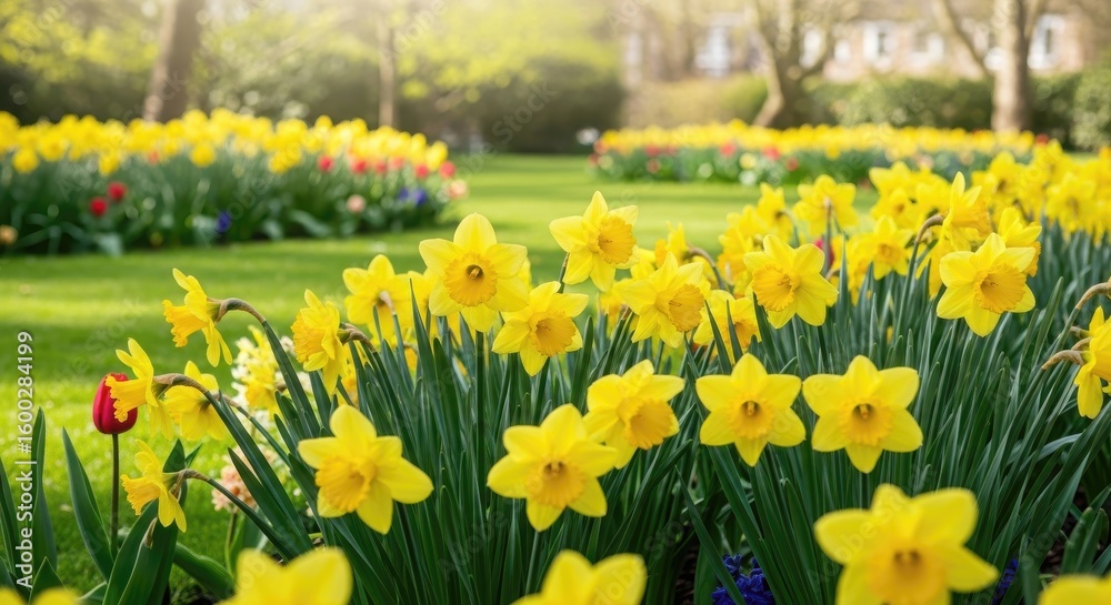 Fototapeta premium Vibrant field of yellow daffodils in spring sunlight