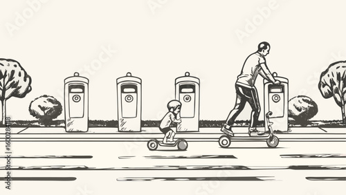 Illustration of father and son riding scooters on a street with bins and trees in a black and white sketch style silhouette