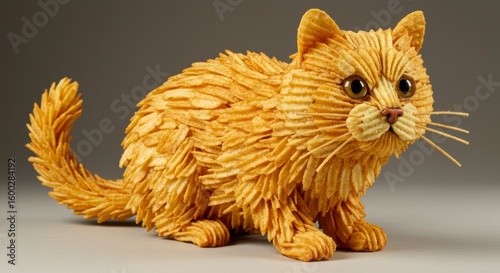 A whimsical kitten sculpture crafted entirely from potato chips evokes playful delight in studio