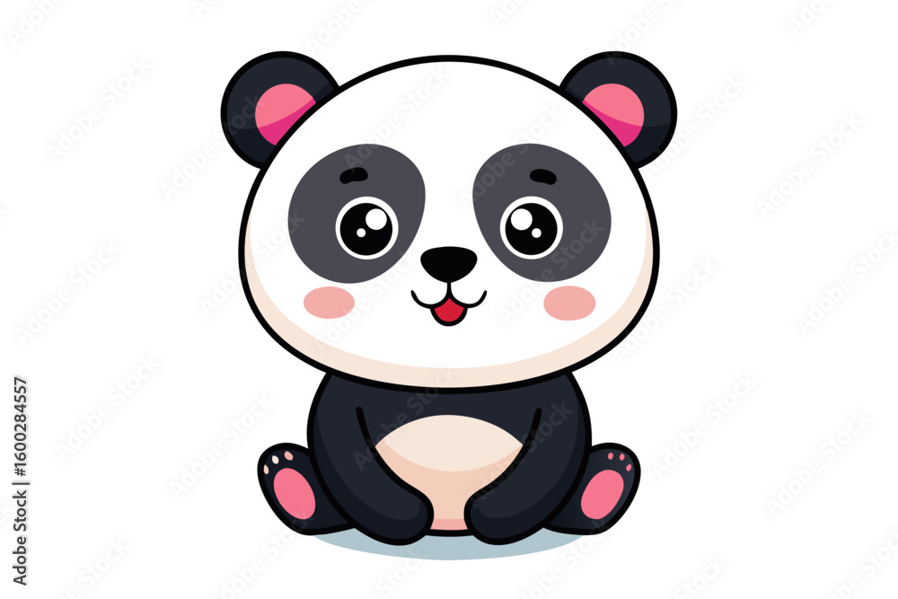 Naklejka premium Adorable cartoon illustration of a standing panda with big round eyes, blushing cheeks, and a happy smile, set against a soft pastel background.