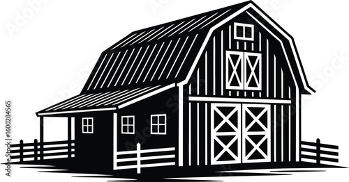 Black and white vector illustration of a classic American barn with a gambrel roof featuring a simple fence and traditional window and door designs on