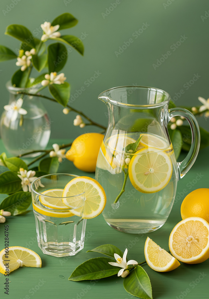 Fototapeta premium Pitcher and Glass of Lemon Water with Lemon Tree Branches on Green Table