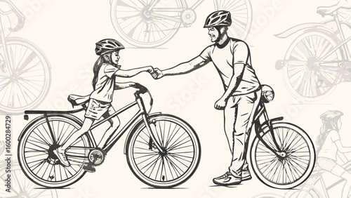 Illustration of a father and daughter fist bumping while riding bicycles with bicycle background art silhouette
