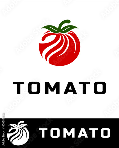 Modern tomato logo design with stylized red curves and green leaves in flat and minimalist style 