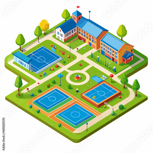 Isometric illustration of a school building with sports fields, trees, and walkways on a green landscape.