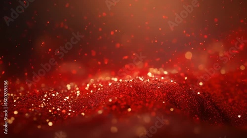 Close up of red glitter and bokeh lights creating a sparkling and festive background effect for design