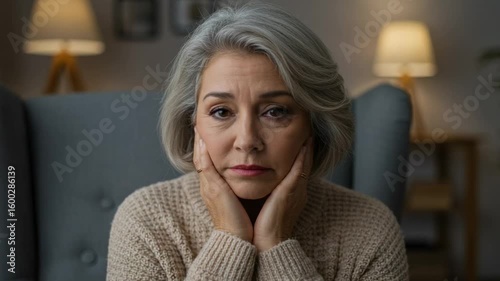 Upset elderly woman with gray hair feeling sad and lonely. Portrait of a worried mature female sitting in a chair at home in the evening.