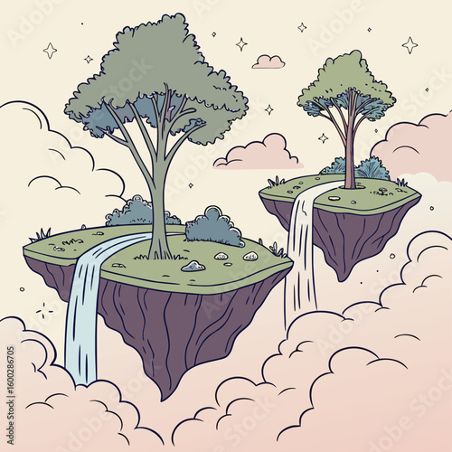 Floating Islands Daydream Hand Drawn Fantasy Landscape