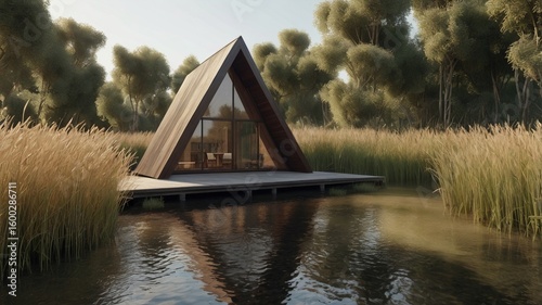 a small modern wooden triangular hut near  the lake