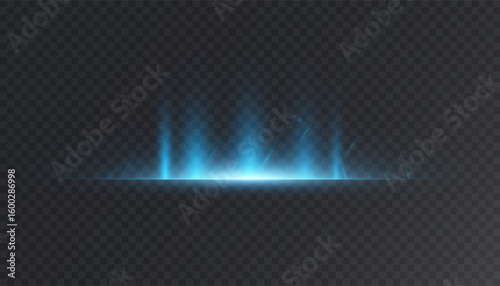 Glowing blue audio wave light effect with vertical energy beams and sparkles on transparent background. Futuristic soundwave or sci-fi energy pulse for technology, HUD, or digital interface design.