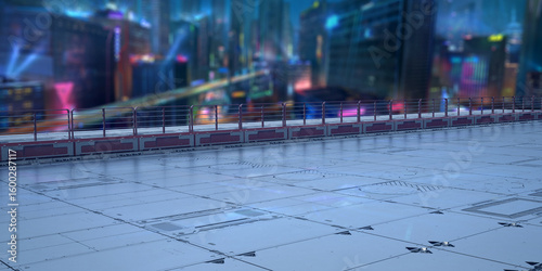 Futuristic urban rooftop with neon cityscape.