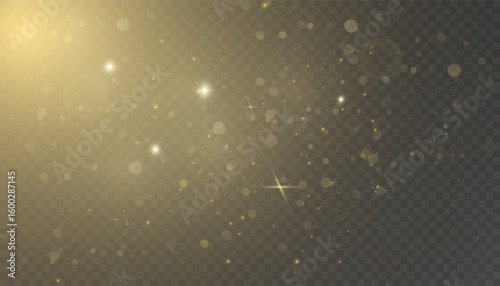 Abstract background with golden bokeh lights, glowing particles, and transparent shimmering effects. A festive and magical light overlay perfect for Christmas, New Year, wedding, or celebration-themed