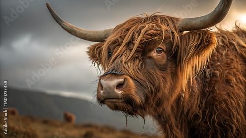 Majestic Highland cow with shaggy fur and powerful horns in a moody landscape