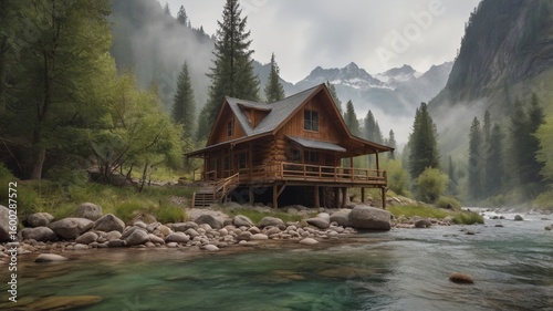 a modern wooden house in the mountains near the flowing river