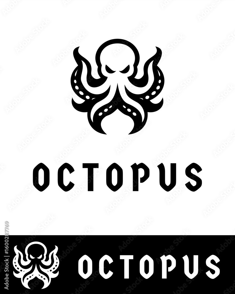 Obraz premium Bold octopus logo design featuring an abstract black silhouette with stylized tentacles and fierce expression in minimalist and flat style 