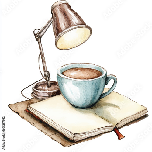 Watercolor Illustration of Coffee Cup Book and Desk Lamp Cozy Scene
