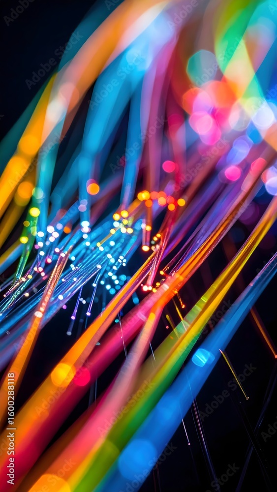 Obraz premium Abstract image of vibrant, colorful fiber optic cables with glowing ends against a dark background.