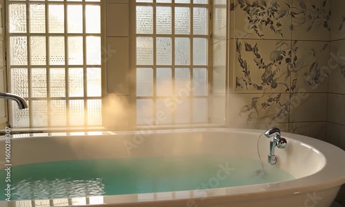 Morning Steam Rising from Bathtub with Sunlight Through Vintage Window

