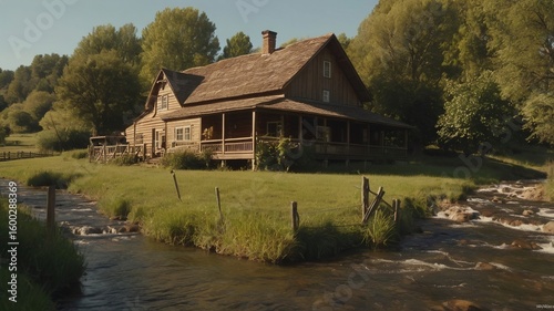 a huge wooden house near the river and have lush greenery in background