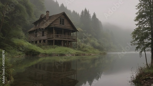 a huge abandon wooden house near the lake and have lush greenery in background and the environment is foggy