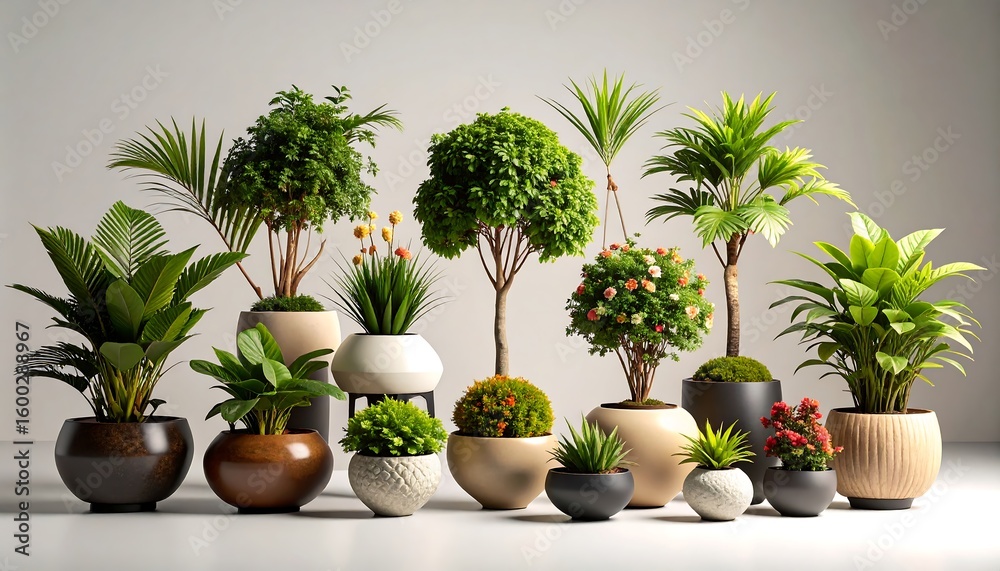 Fototapeta premium Array of potted plants, various types and sizes