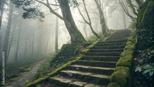 Enchanting moss-covered stone stairs ascend into a mystical, foggy forest.