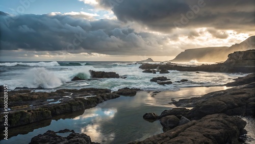 Dramatic waves crash on rocky shore under stormy skies with golden sun rays