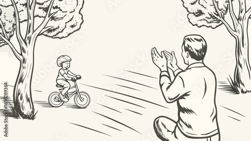 A father watches his child ride a bike in a park with trees and the father is clapping his hands happily silhouette