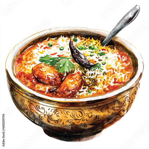 Watercolor Illustration of Delicious Biryani in Ornate Bowl with Spoon