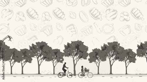 Illustrated scene of people riding bicycles on a road lined with trees under food sketches artfully drawn silhouette