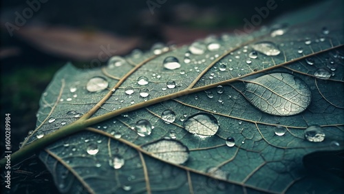 Stunning macro view of fresh water droplets glistening on a detailed green leaf