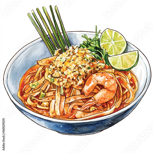 Watercolor Illustration of Delicious Pad Thai with Shrimp and Lime