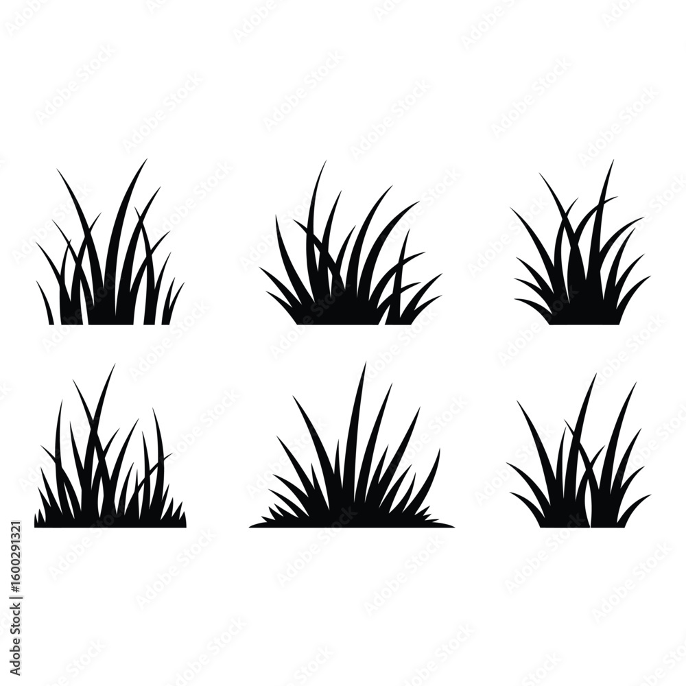 Fototapeta premium Black grass tufts silhouettes isolated on white background