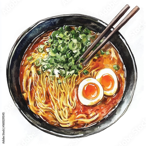 Watercolor Illustration of Delicious Ramen Noodles with Eggs and Chopsticks