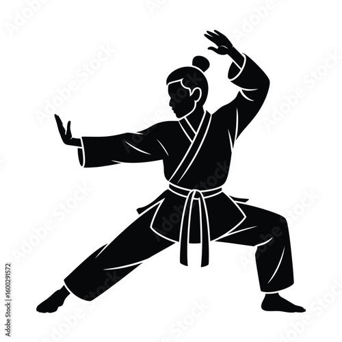 Martial artist in dynamic fighting stance silhouette