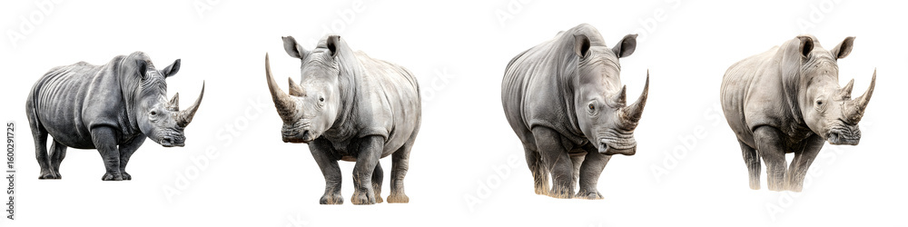 Fototapeta premium Rhino Portraits on White - Set of Four Isolated Rhinoceros