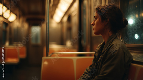 This Woman sits alone on a subway, lost in thought amid dim lighting and empty seats.
