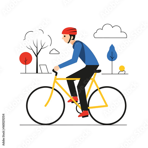 Illustration of a man riding a yellow bicycle wearing a red helmet outdoors with trees and clouds in the background.