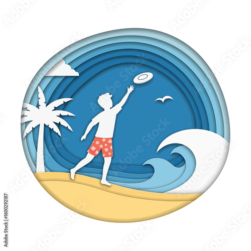 Silhouette of a man reaching for a frisbee on a beach with a palm tree, wave, and layered paper-cut ocean background.