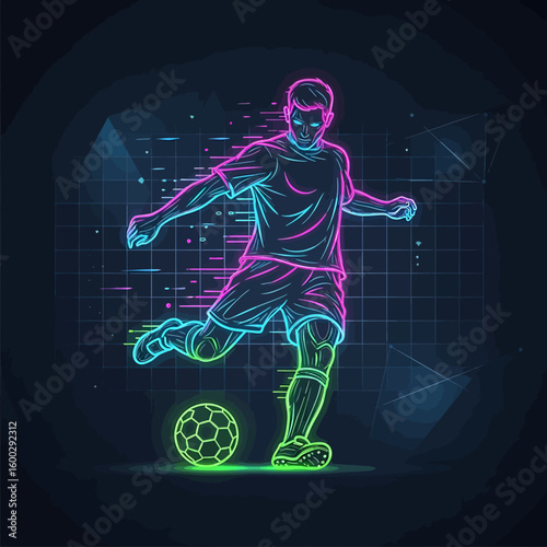 Neon-style illustration of a soccer player kicking a ball, with a digital grid background and vibrant pink, blue, and green colors.