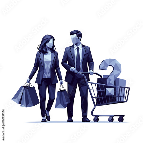 A man in a suit pushes a shopping cart with a question mark while a woman carries shopping bags, both in a low-poly style.