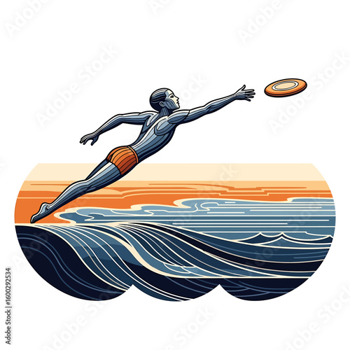 Stylized illustration of a man diving to catch a frisbee over a wavy ocean with an orange sky.