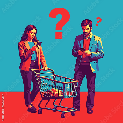 A woman pushes a shopping cart while looking at her phone, a man stands nearby also looking at his phone, both with question marks above them.